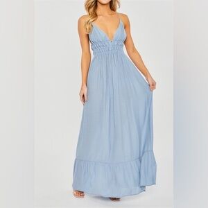 SKY BLUE SKINNY SPAGHETTI STRAP WOVEN SOLID FLOWY RUFFLE MAXI DRESS